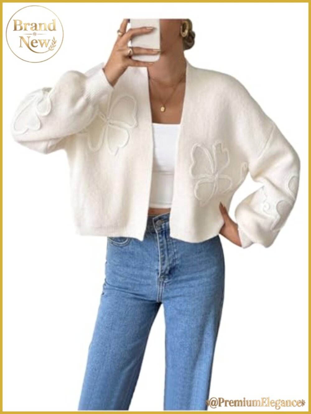 Flower Knit Cropped Cardigan Bolero Bishop Sleeve Open Front